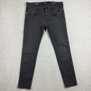 Replay ANBASS Jeans Men 34x32 Black HYPERFLEX Tapered Stretch Logo Zip Fly Italy